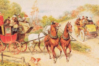 Postakocsi és autó találkozása a 20. század elején