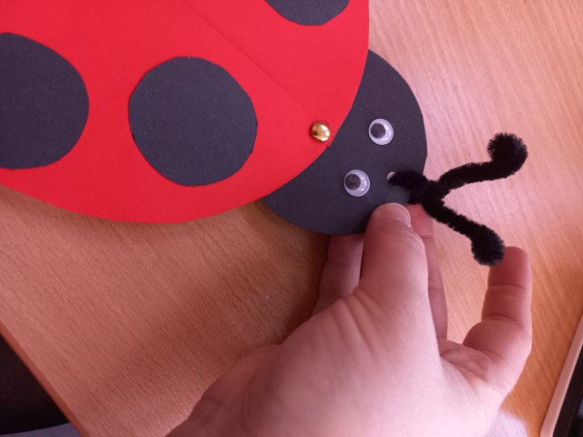 A katica fejére ráragasztjuk a szemeit.