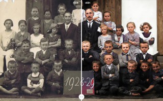 Csoportkép a tiszaszederkényi református iskola tanítóiról és diákjairól (1928-29) eredeti és feljavított állapotban